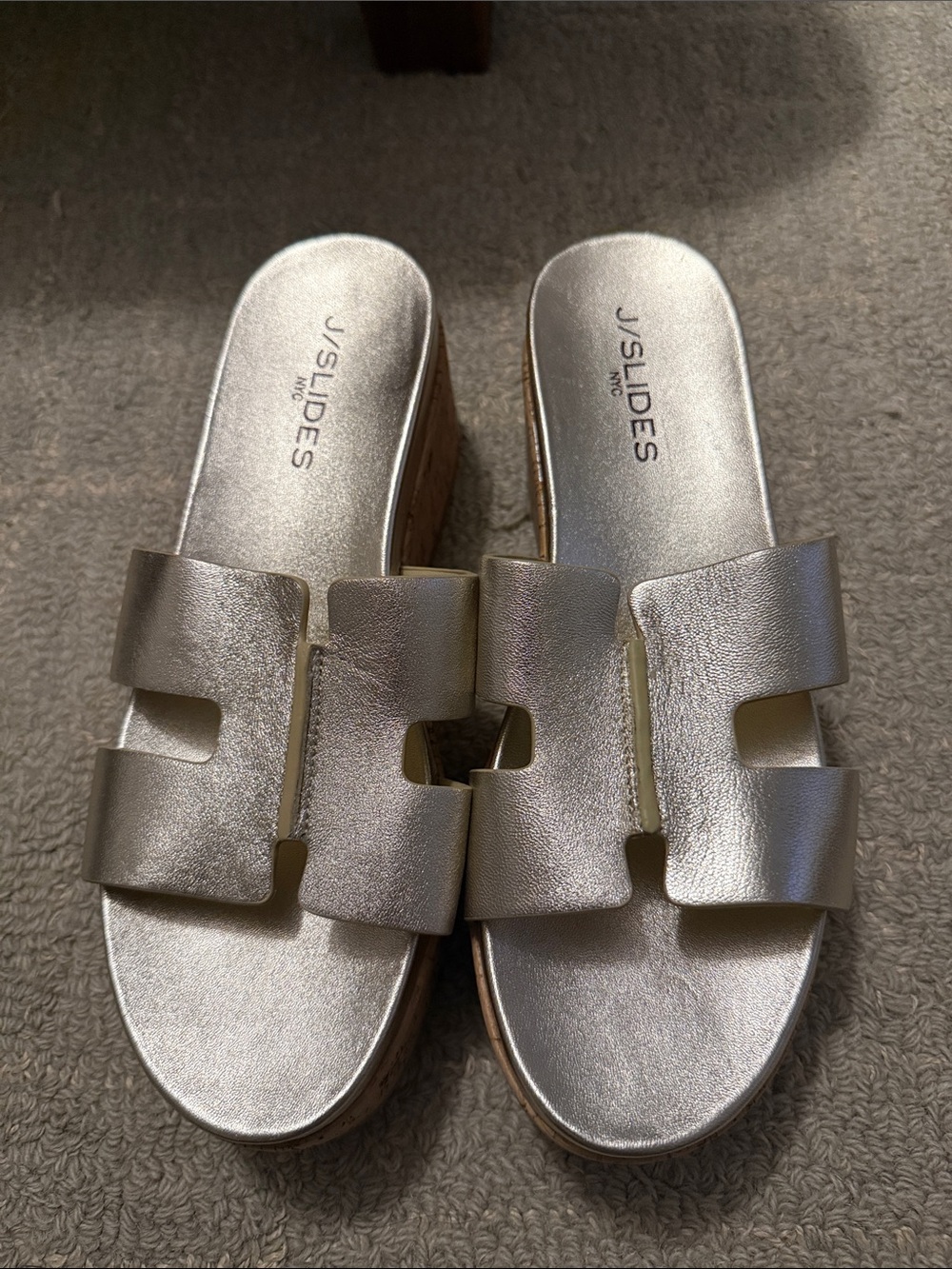 J Slides Metallic Silver Cork Platform Slide Sandals - Picture 2 of 5
